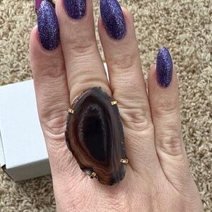 Natural Agate/Geode Stone Statement Adjustable Ring in Gold Setting